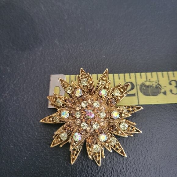 Starburst Brooch Pin Gold Tone Brown and White Rhinestones - Picture 9 of 9